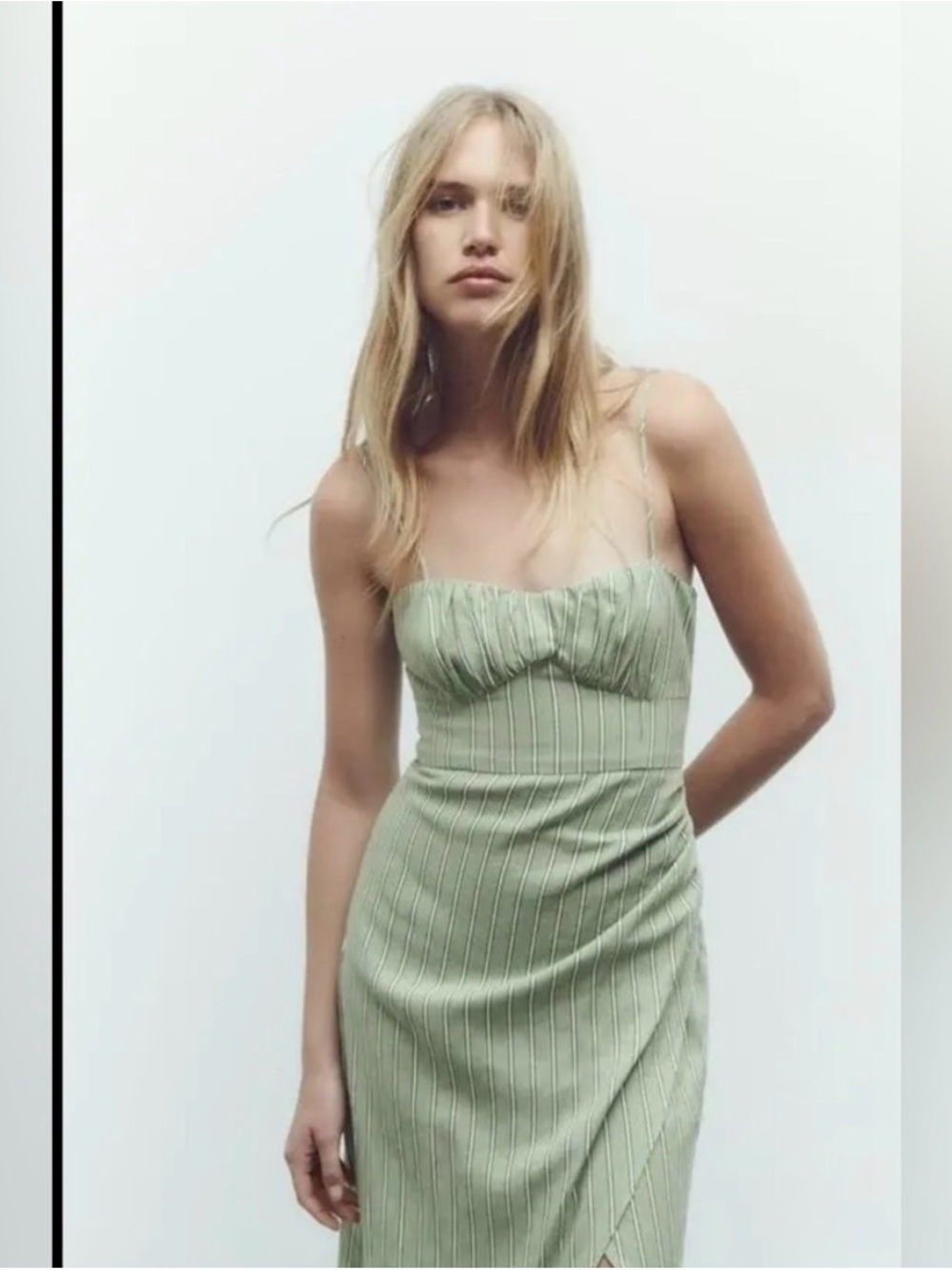 Zara Sage Green Pinstriped Midi Dress with Side Slit